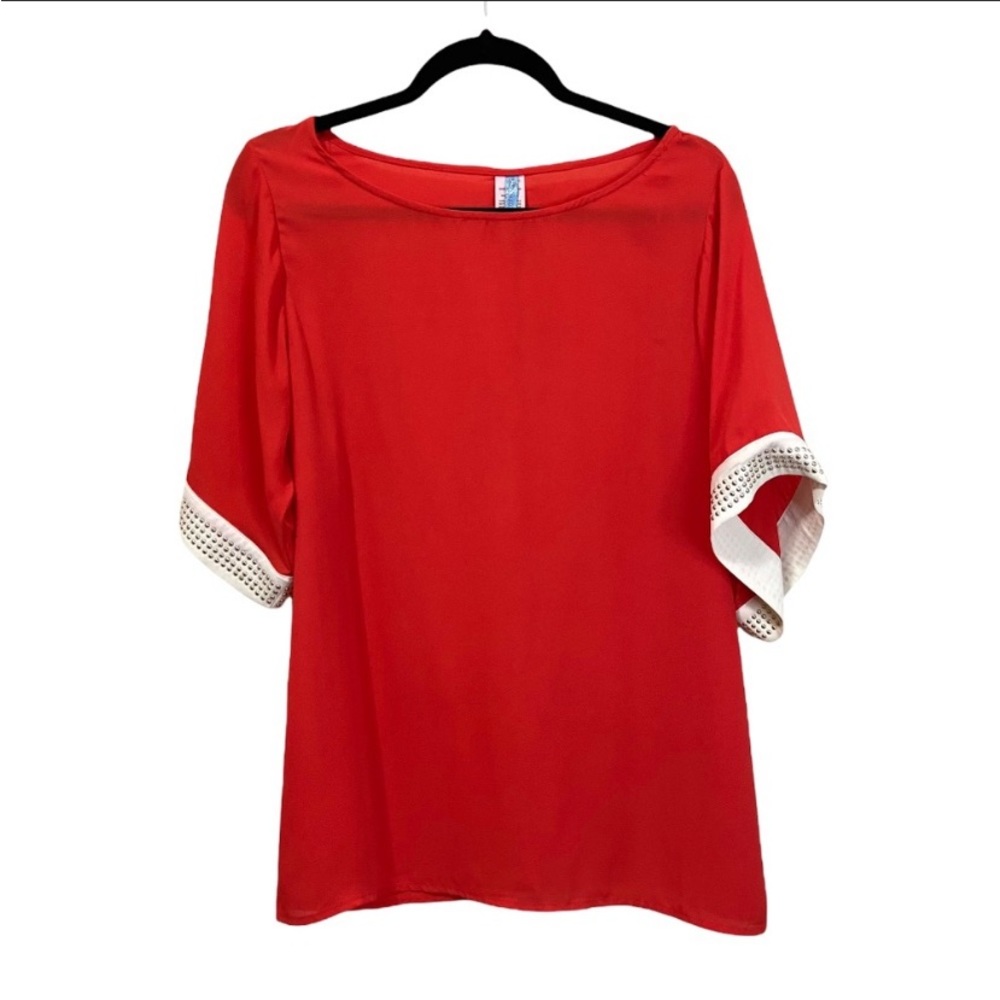Moonlight Women's Size Large Blouse Top Red/Orange Gold Studded Detail On Sleeve